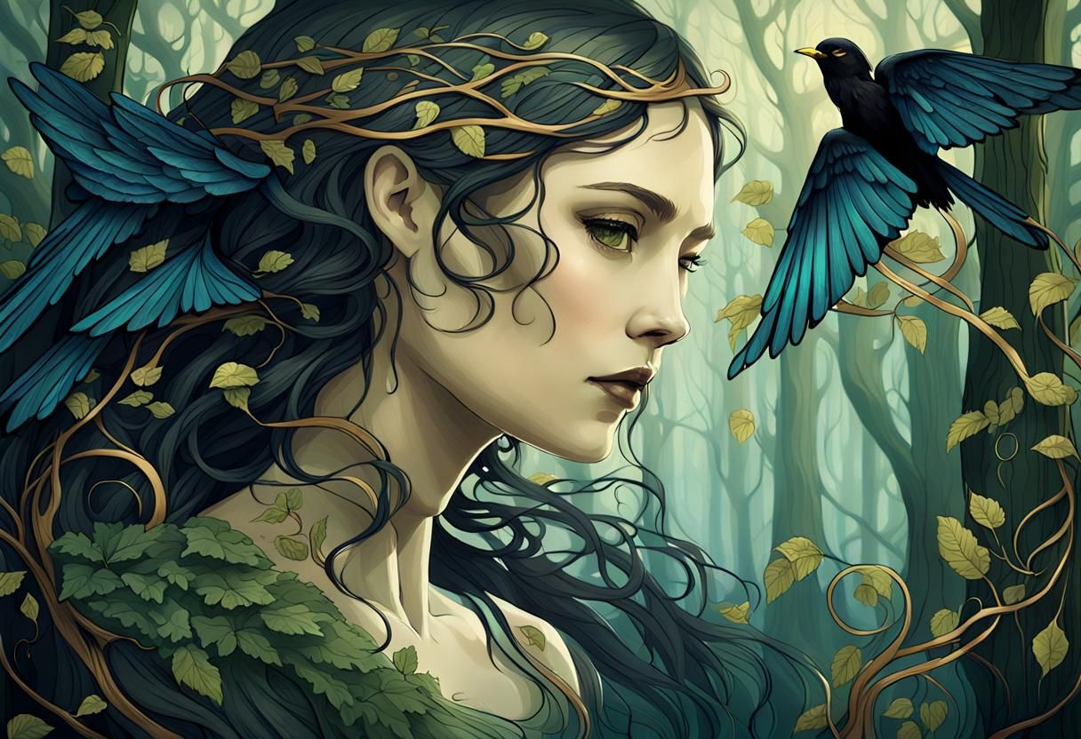 Ethereal Lady of the Mystical Forest in Art Nouveau Style