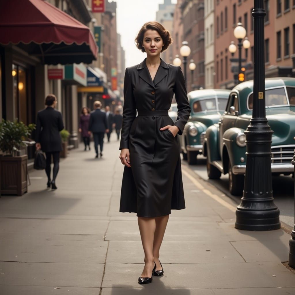 Woman Walking on New York Street, 1940s Photography