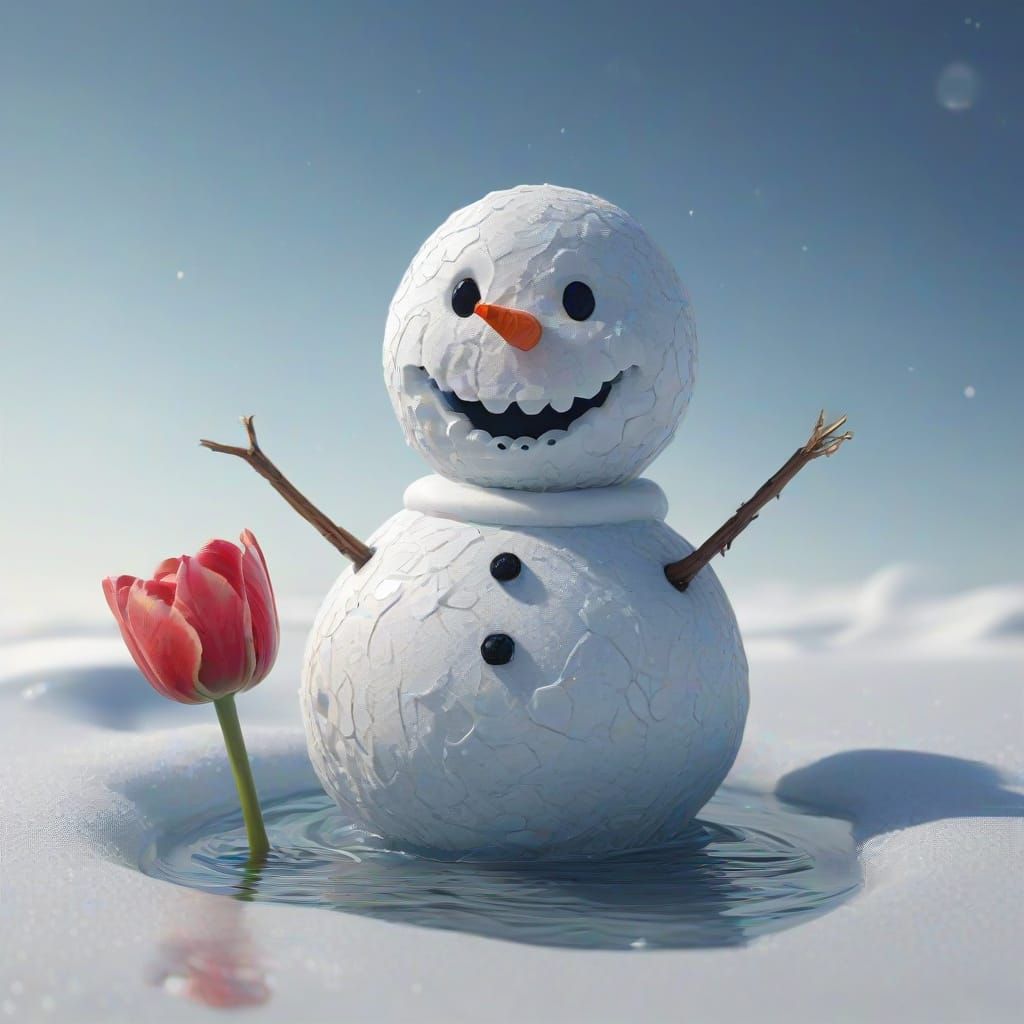 Surreal Tulip Comforts Melting Snowman in Abstract Fractal S...