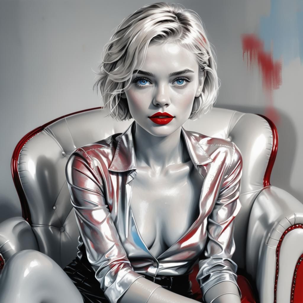 Blonde Woman in Red Armchair: Black and White Drawing