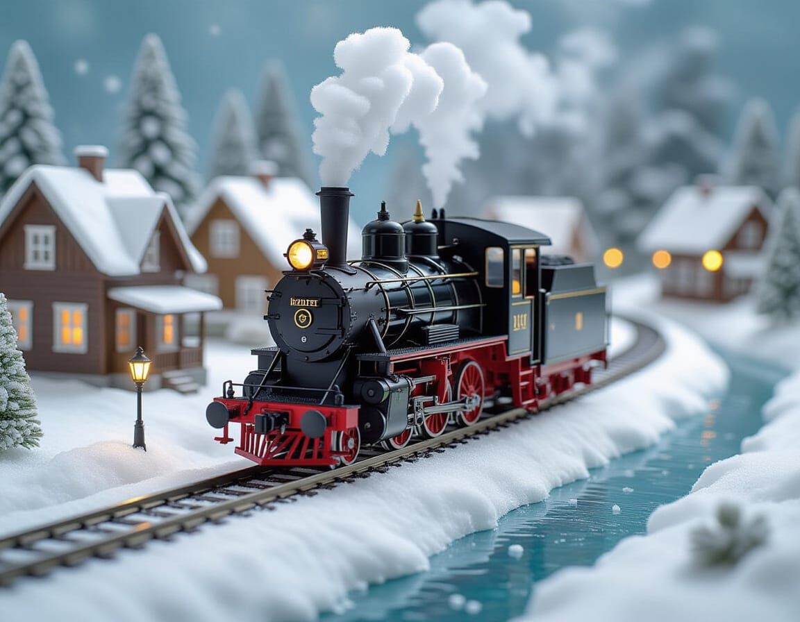N-Scale Model Steam Train on Winter Diorama