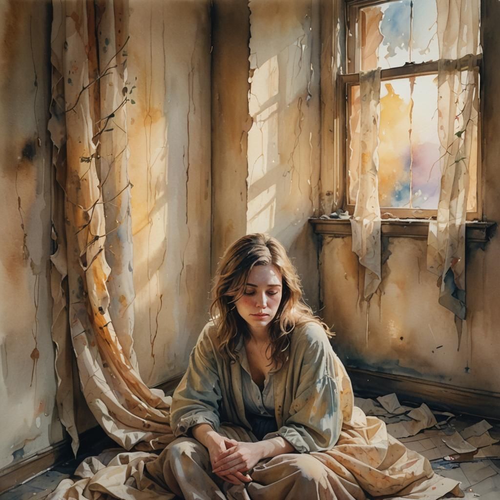 Watercolor Portrait of Exhausted Person in Dim Room
