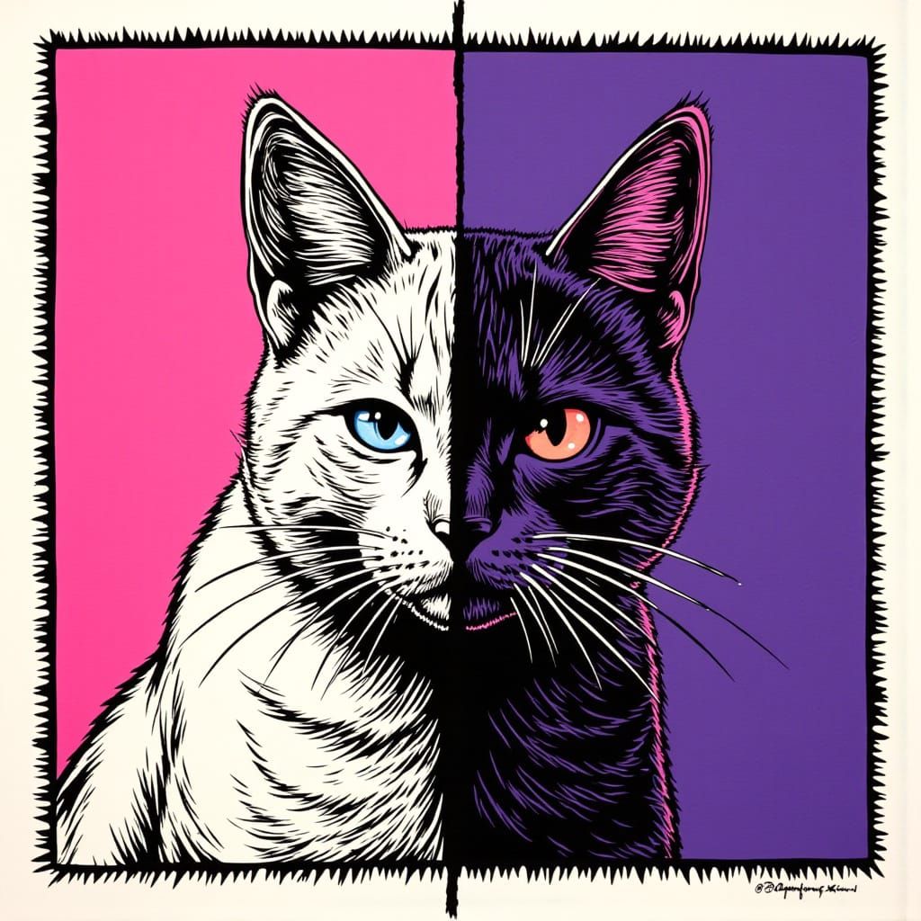 Linoleum Print Cat Split Into Contrasting Realities