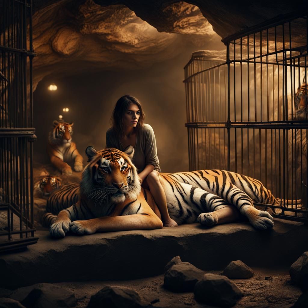 Woman and Tigers in a Caged Cave