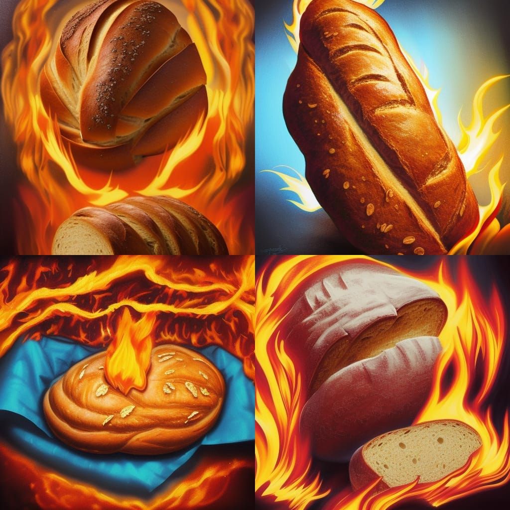 Hyperrealistic Bread Ablaze: Dramatic Digital Art
