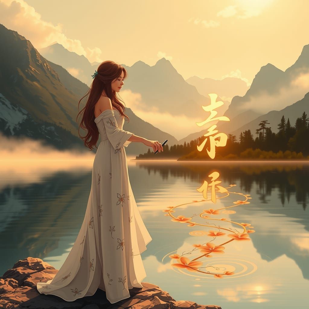 Ethereal Woman Inscribes Landscape with Symbolic Calligraphy
