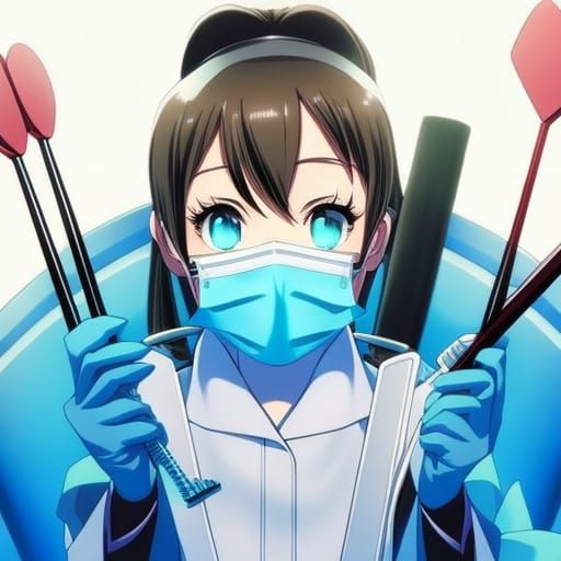 Anime-Style Dentist with Surgical Mask and Instruments