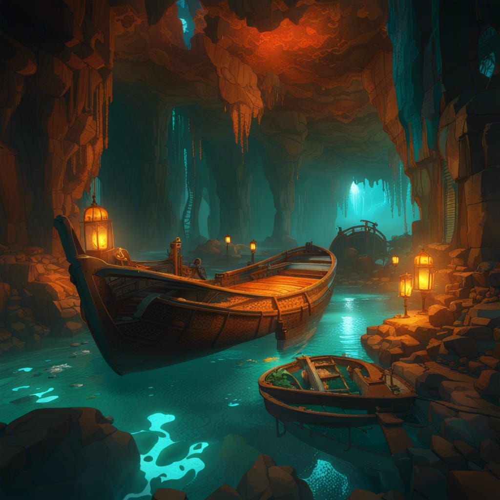 Underground Cavern with Water, Boats and Treasure