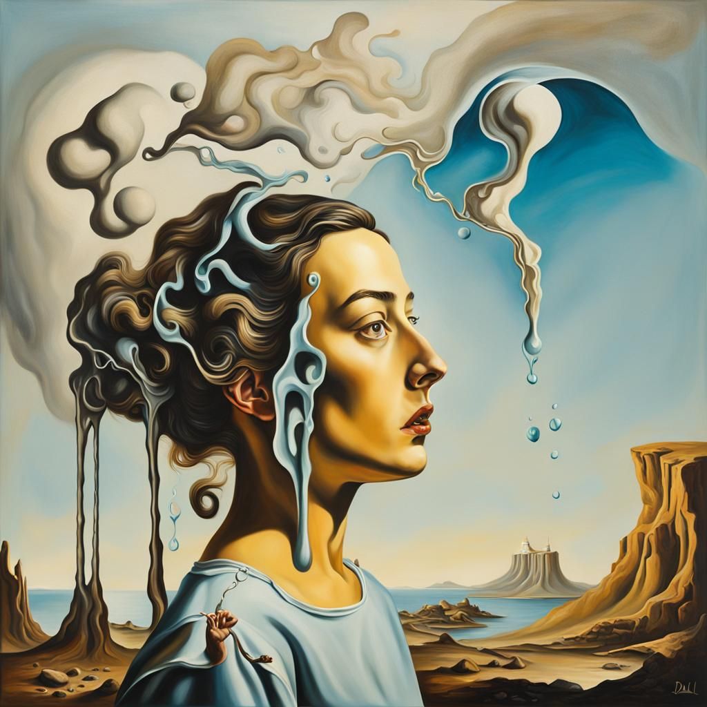 Surrealist Girl in Melting Landscape, Oil on Canvas
