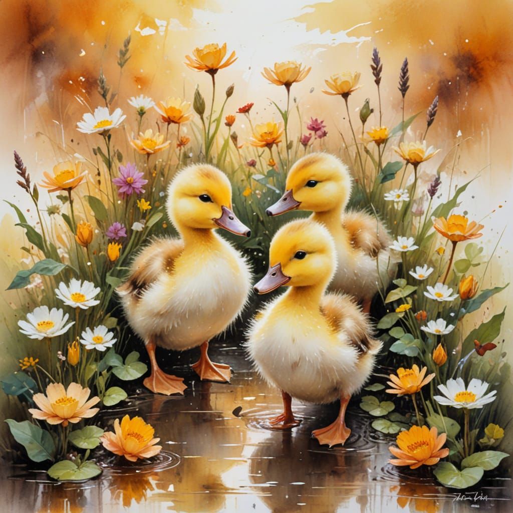 Ducklings in Wildflowers: Watercolor Autumn Scene