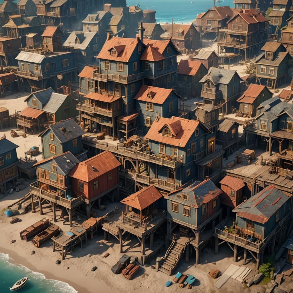 Beach House Next to Shipyard: Detailed Matte Painting