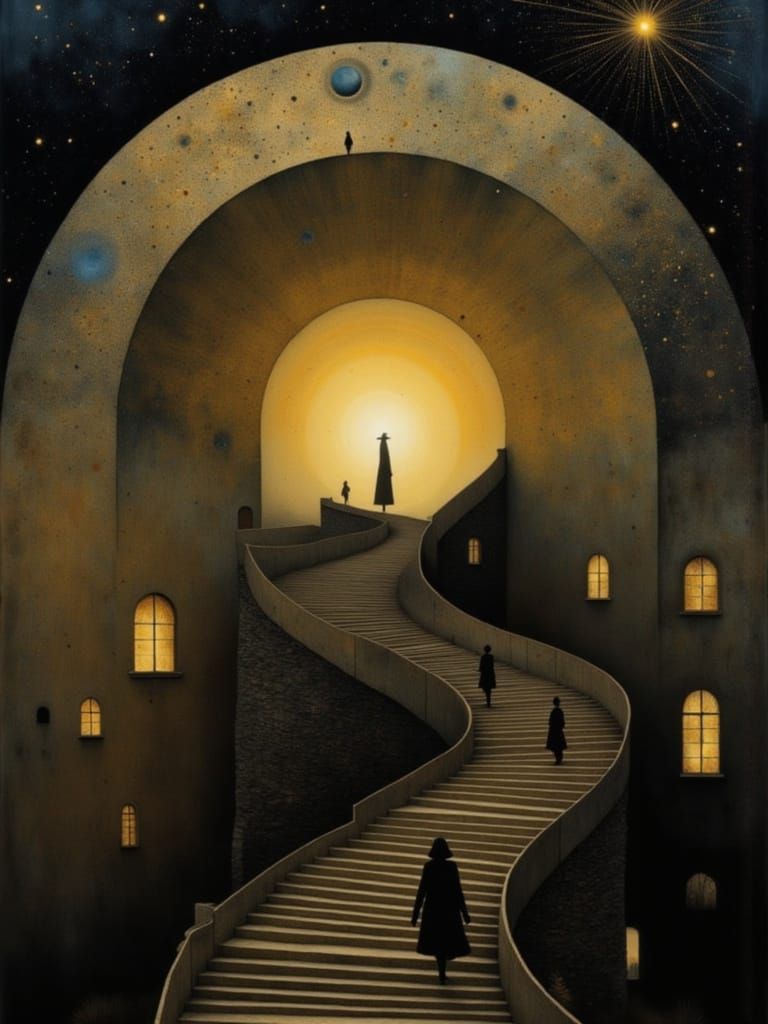 Surreal Golden Sunset with Disorienting Staircase