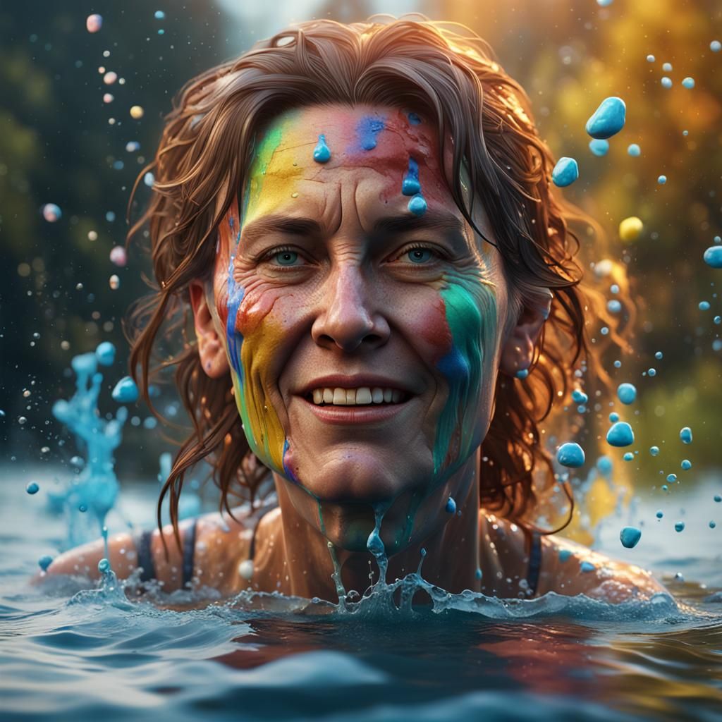Middle-Aged Woman Splashed by Colored Water: 3D Render