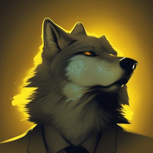 Anthro Wolf Portrait with Black Ears and Yellow Eyes