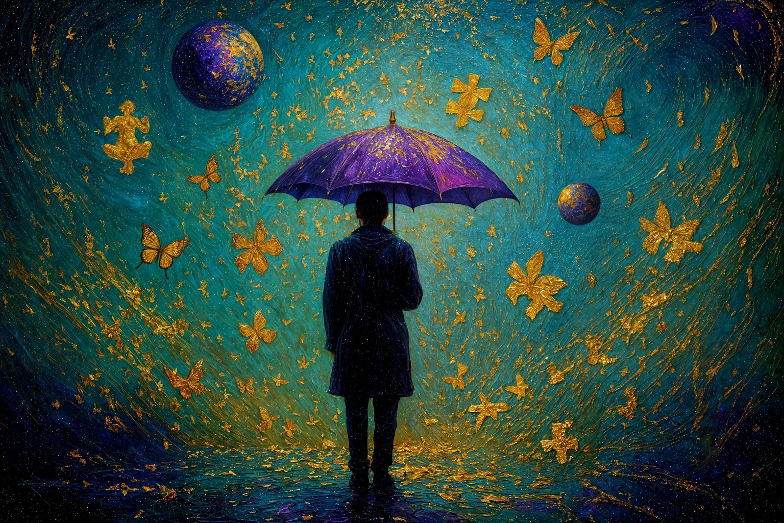 Dreamlike Figure Under Purple Umbrella in Oil Painting