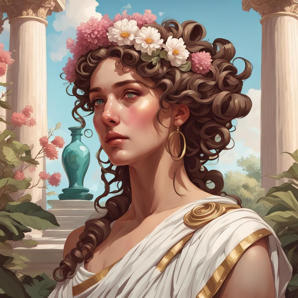 Classical Greek Beauty in Garden with Perfume