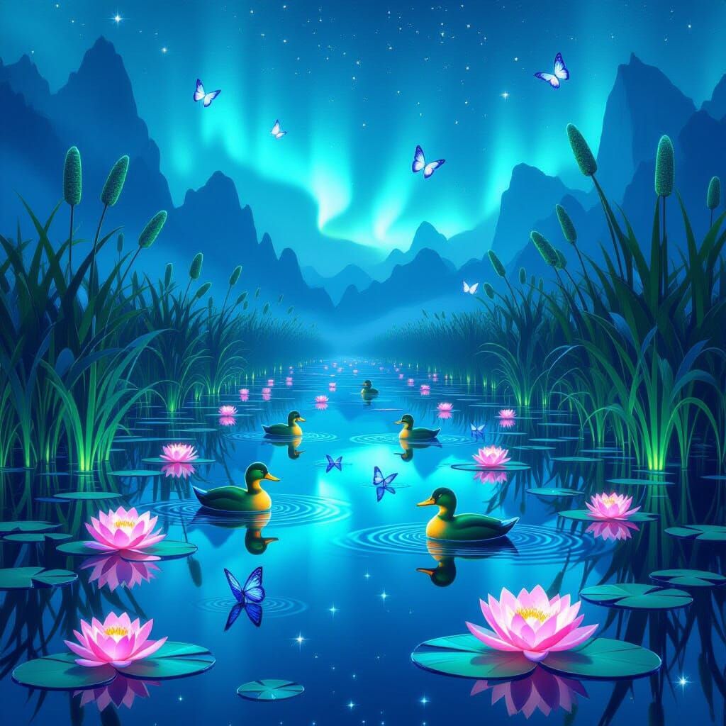 Vibrant Fractal Wetlands with Neon Wildlife