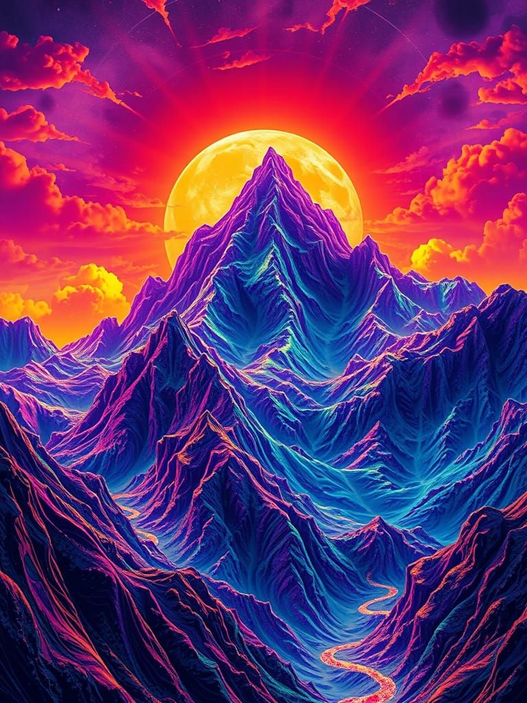 Surreal Sunset Mountain Range in Neon Hues