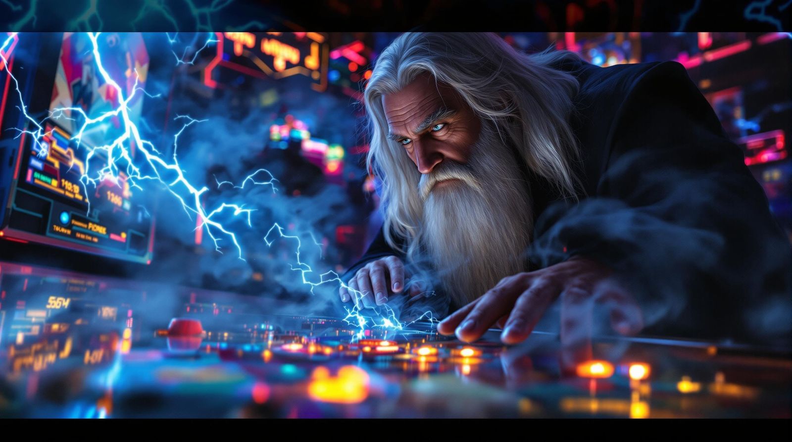 Mystic Pinball Master in a Frenzied Arcade Scene