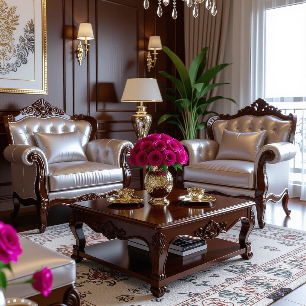 Luxurious Living Room with Polished Wood & Silvery Satin