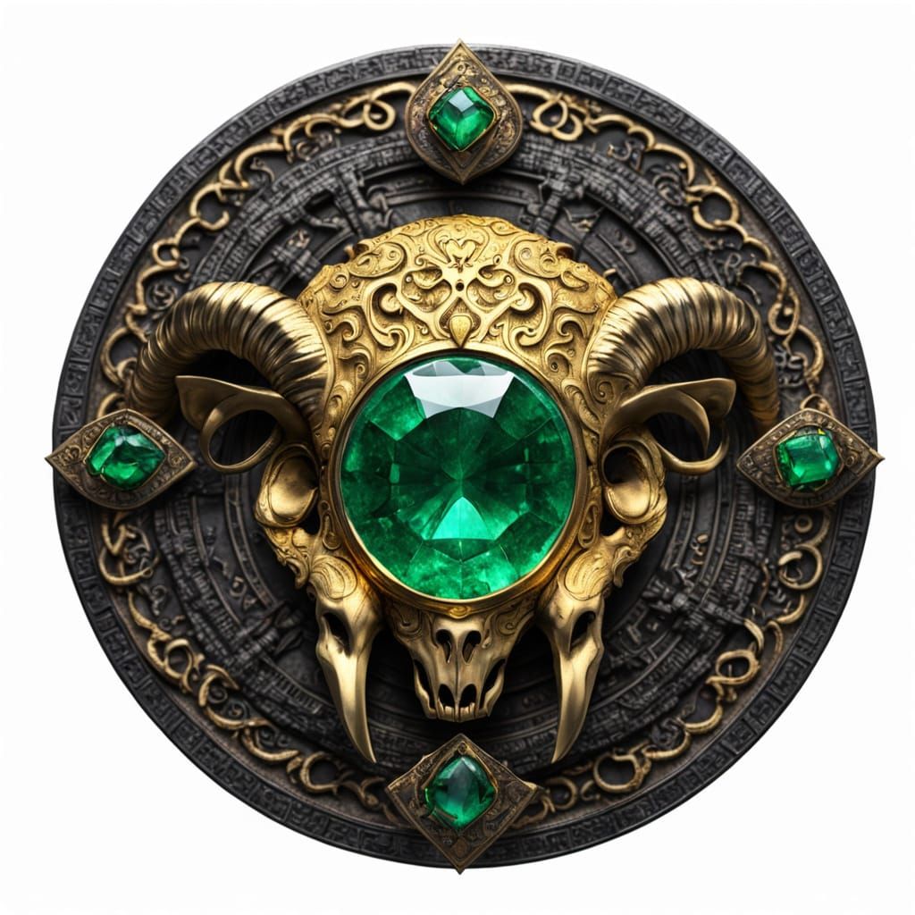 Golden Amulet with Emerald Gem and Ram's Skull