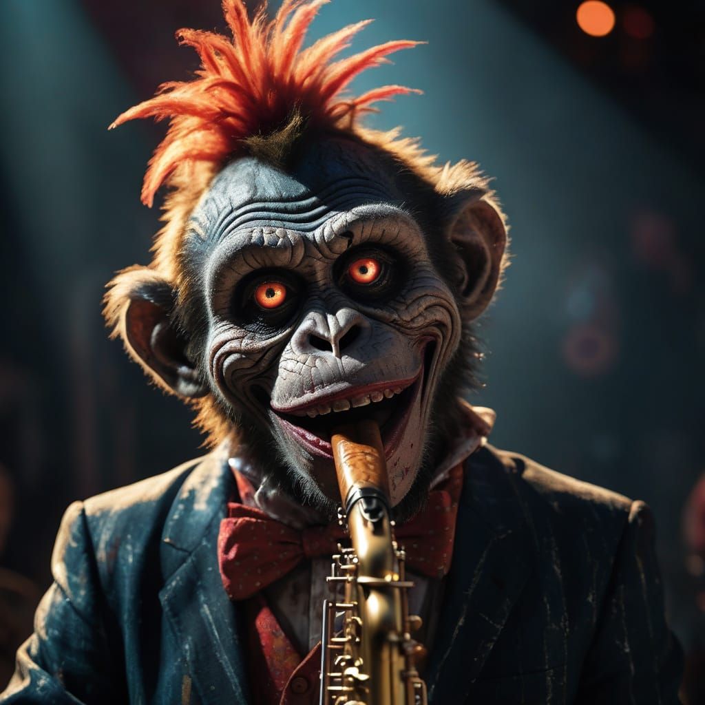 Grotesque Monkey Clown Saxophonist in Cinematic Film Still