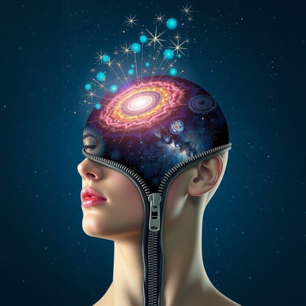 Surrealist Head Unveils Glowing Universe with Stars