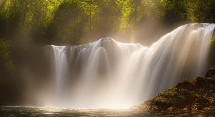 Romantic Waterfall Painting with Volumetric Lighting