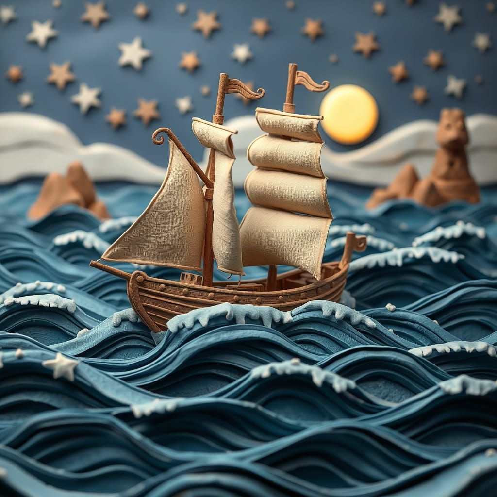 Claymation Sailing Ship on Clay Ocean in Aardman Style