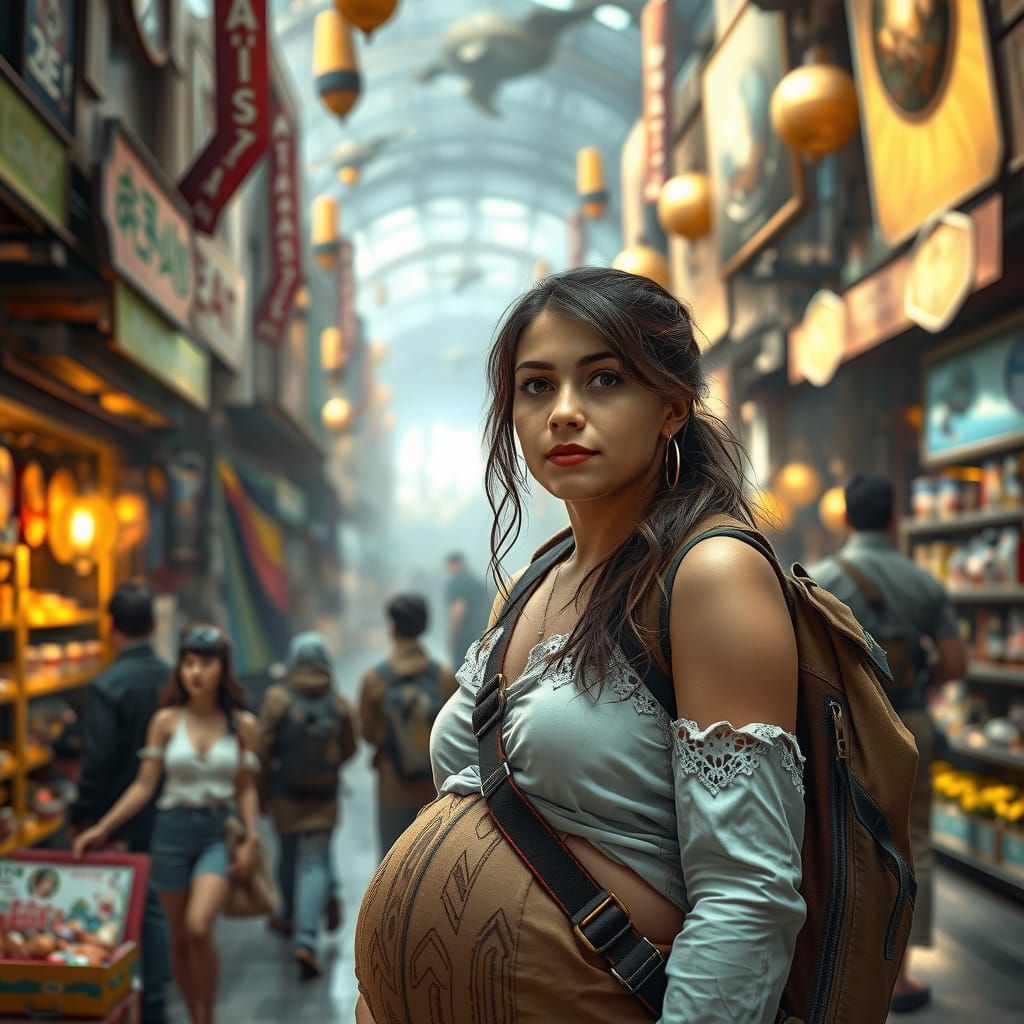 Pregnant Time Traveler in Futuristic Marketplace