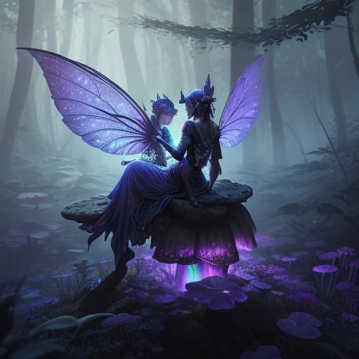 Ethereal Fairy on Toadstool in Moonlit Forest