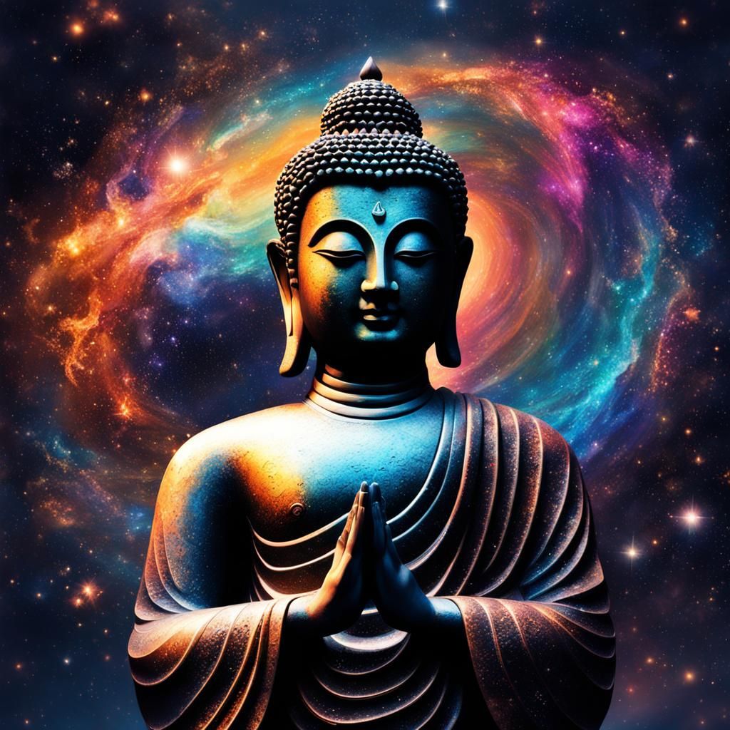 Buddha with Galaxy Halo in Hyperrealistic Style