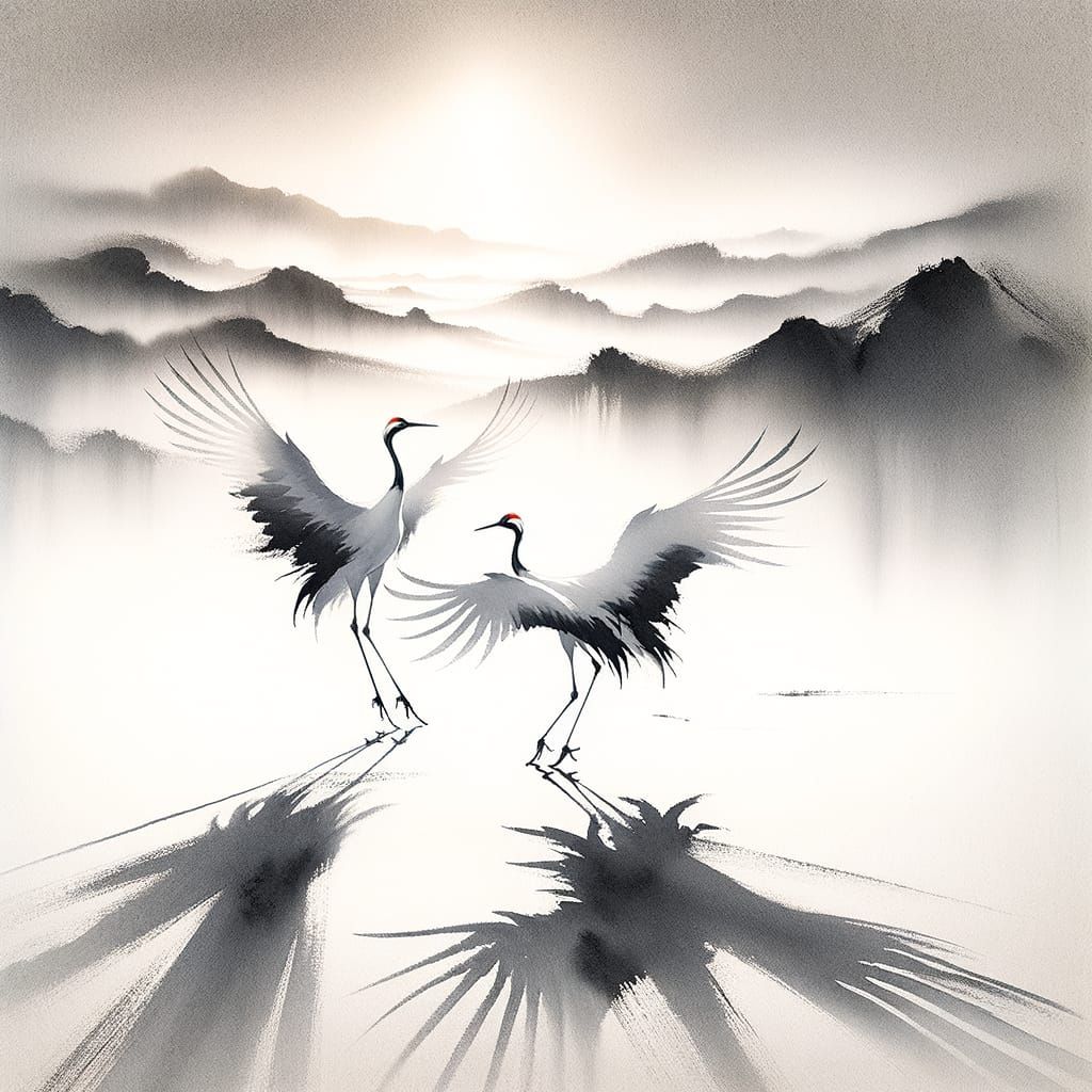 Impressionist Red-Crowned Cranes Dance in Traditional Chines...