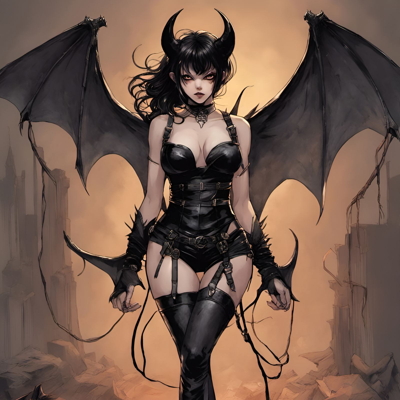 Demonic Girl with Bat Wings in Manhwa Style