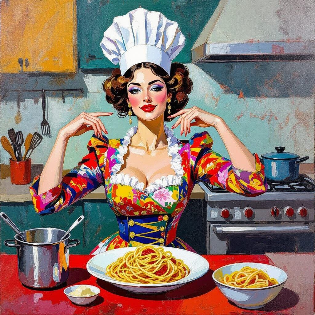 Regal Woman with Pasta in Lavish Kitchen