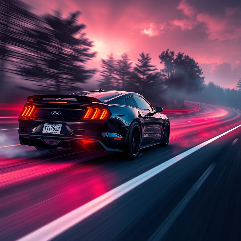Futuristic Ford Mustang Speeds Through Neon Dusk