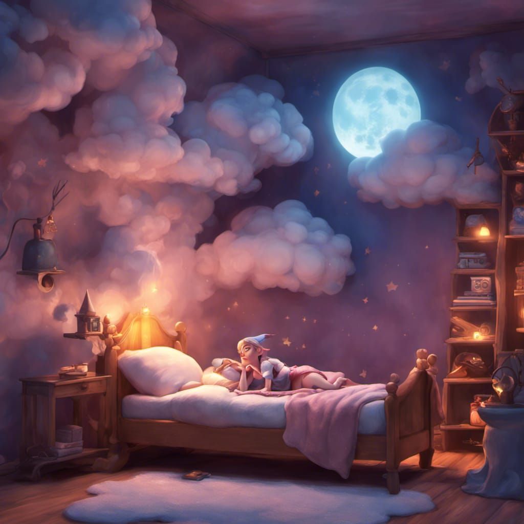 Elf Girl Sleeping on Cloud Bed in Moonlight