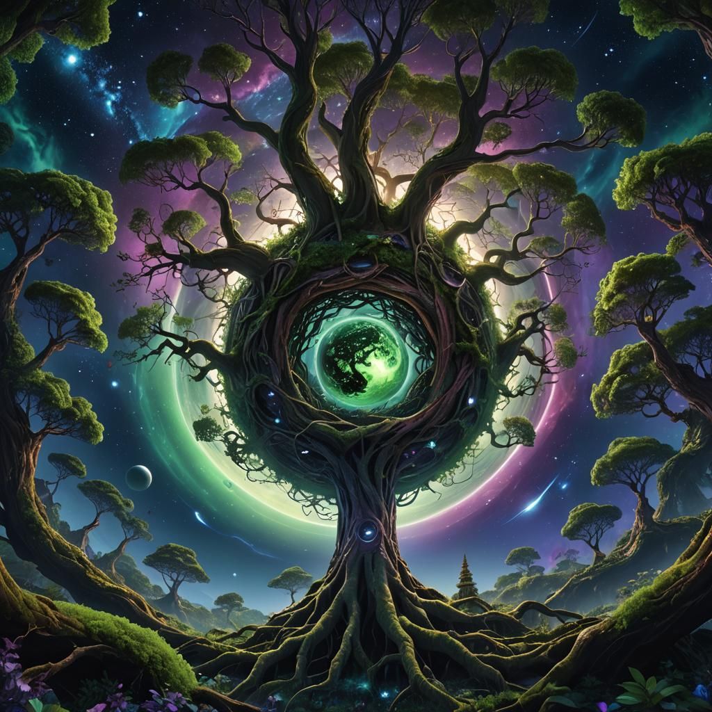 Lush Sci-Fi World Tree in Space