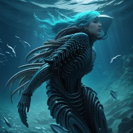 Underwater Human with Gills in Biomechanical Style