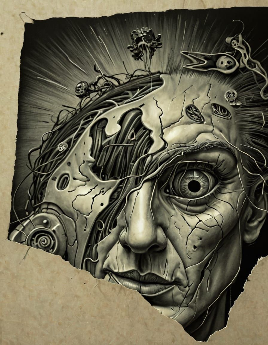 Surreal Face Falling Apart with Visible Brain in Detailed Sk...