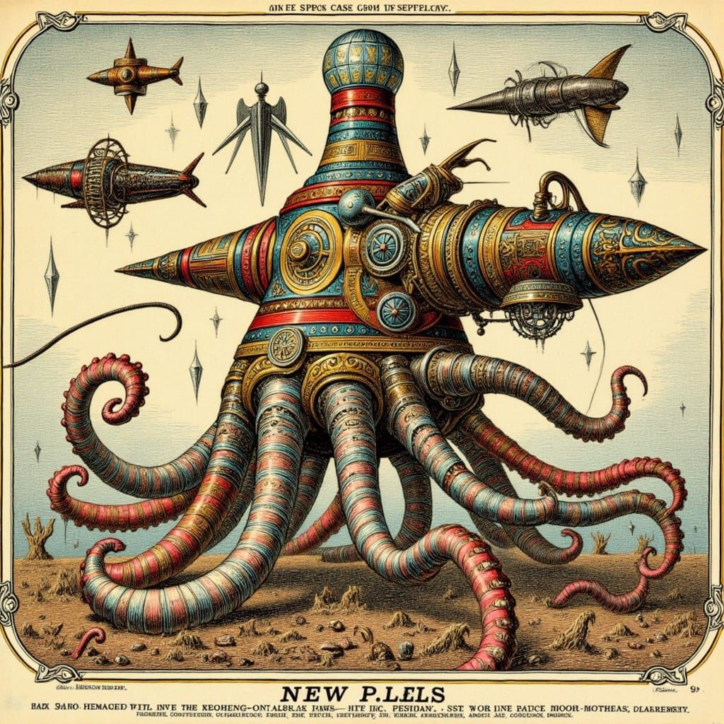 Vintage Steampunk Machines Adorned with Tentacles