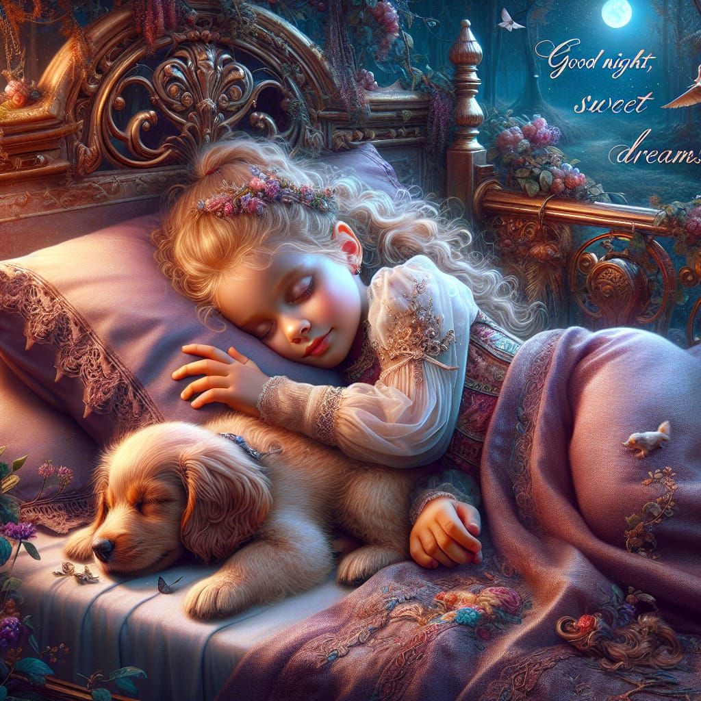 Little Girl Slumbers with Loyal Puppy in Tranquil Fantasy Sc...