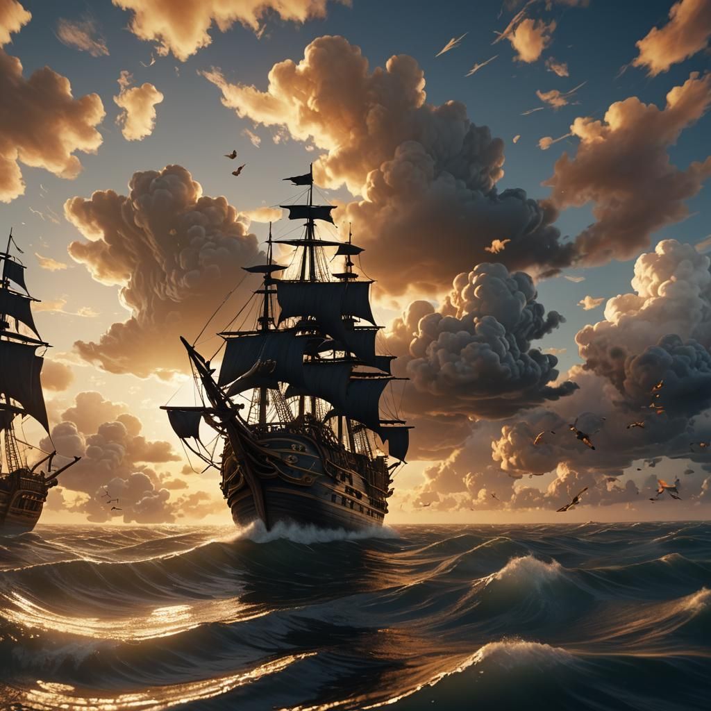 Pirate Ship Soaring Through Clouds at Sunset