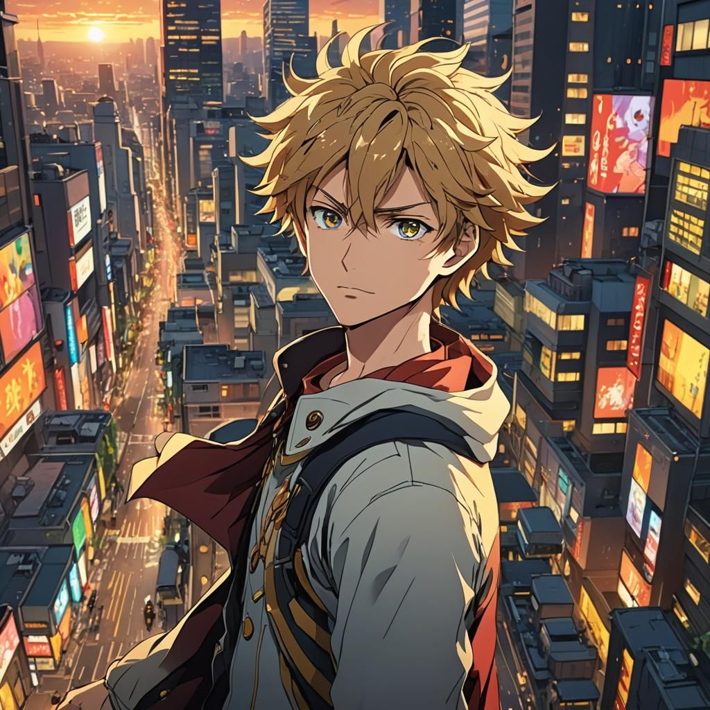 Anime Hero in Bustling City at Golden Hour