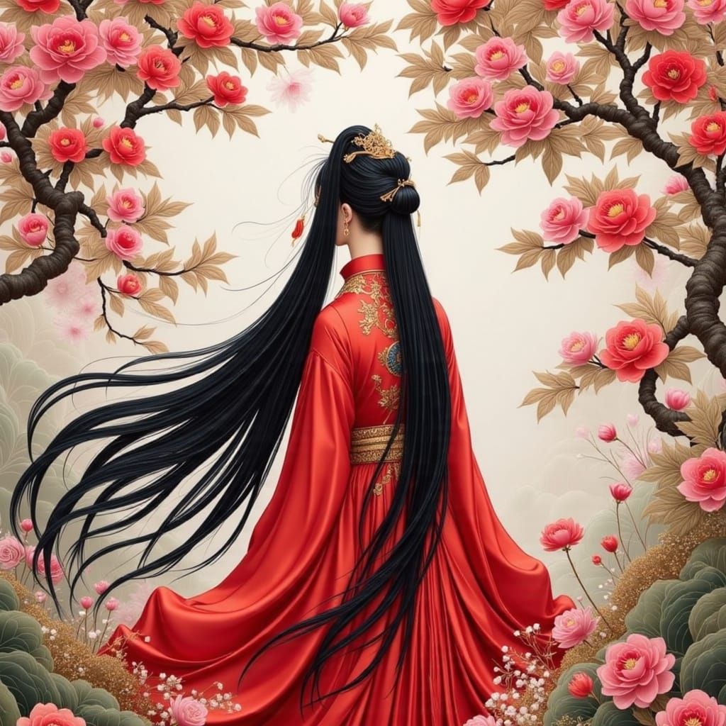 Chinese Princess in Scarlet Hanfu with Peony Adornments