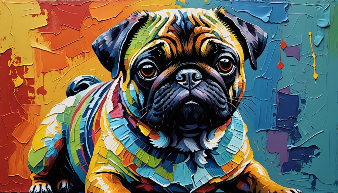 Vibrant Pug Art in Thick Impasto Stucco