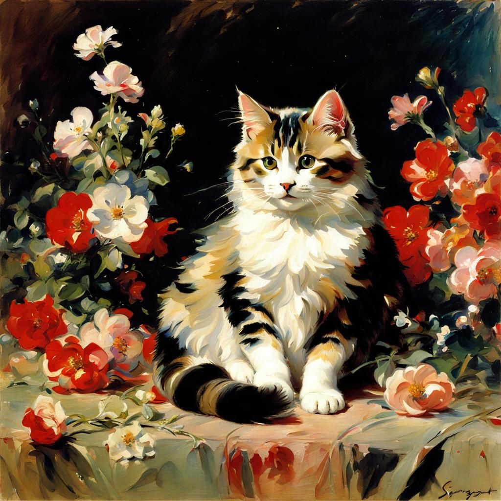 Cat with Flowers in Impressionistic Portrait