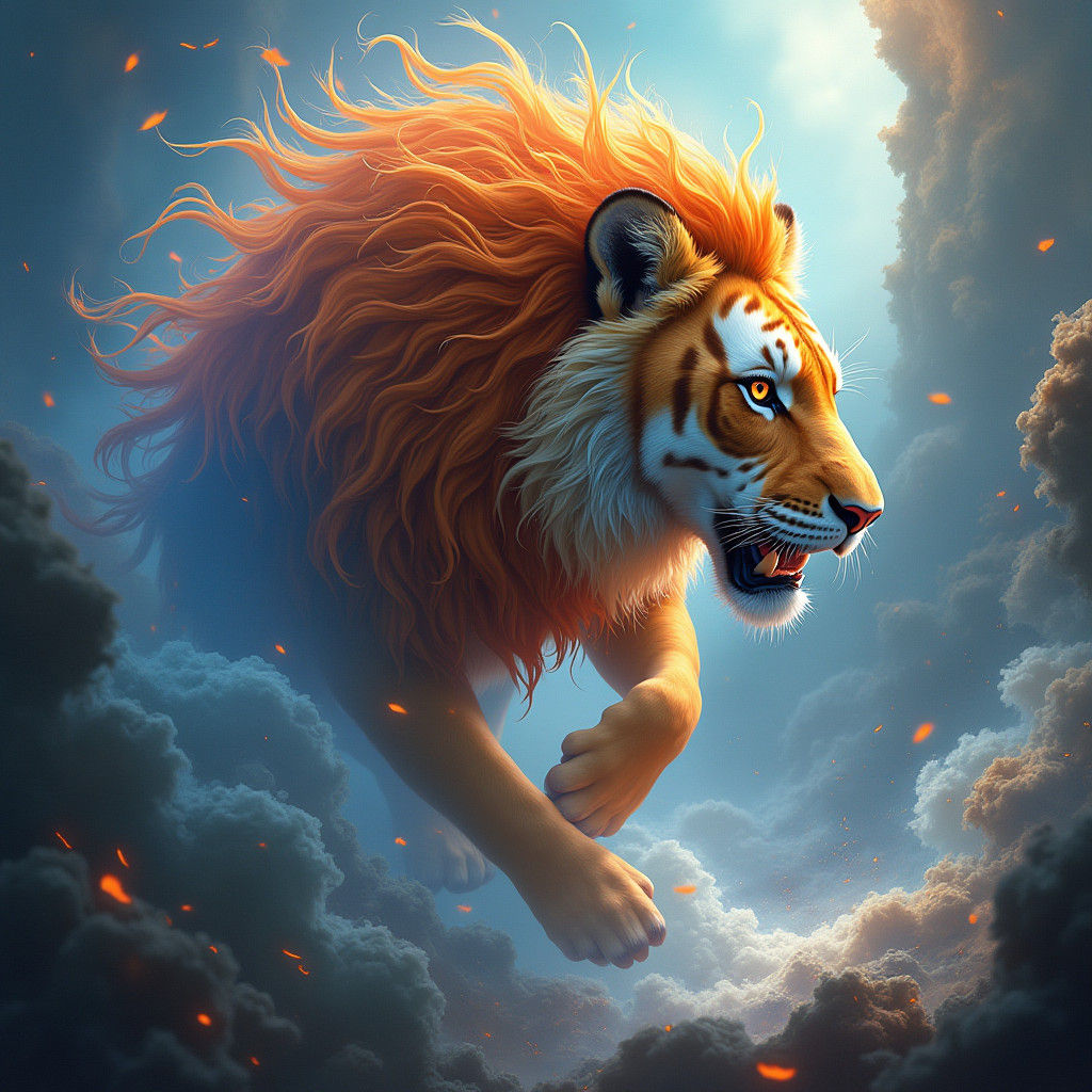 Majestic Lion-Tiger Hybrid in Dreamlike Realm
