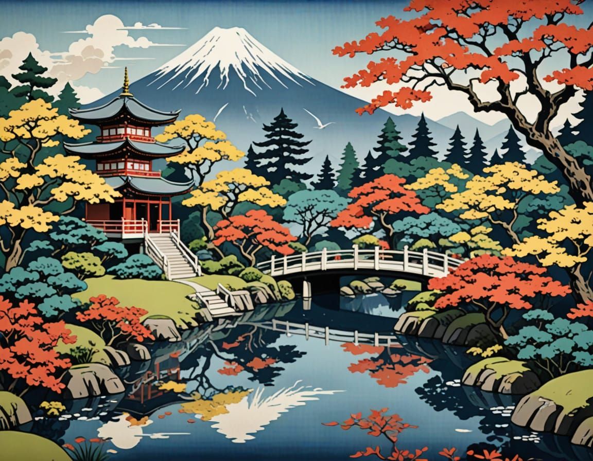 Traditional Japanese Garden in Vibrant Abstraction