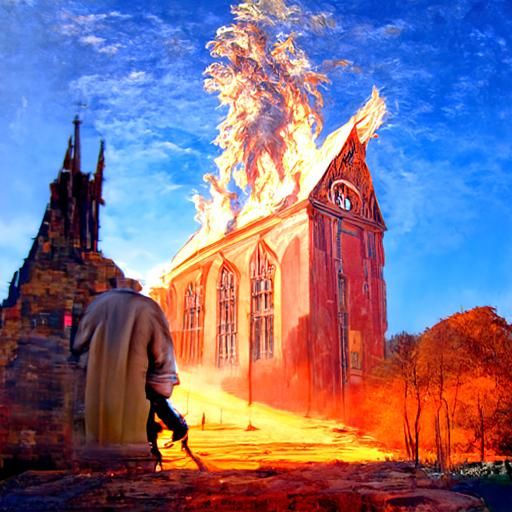 Man Walks Through Burning Church in Renaissance Style